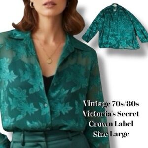 Victoria's Secret Crown Label Vintage Lingerie Blouse Emerald Floral Sheer - L
